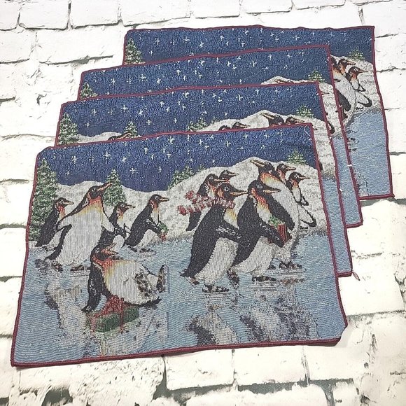 Other - Vintage Holiday Placemats Penguins On Ice 17" By 13" Woven Tapestry Lot Of 4